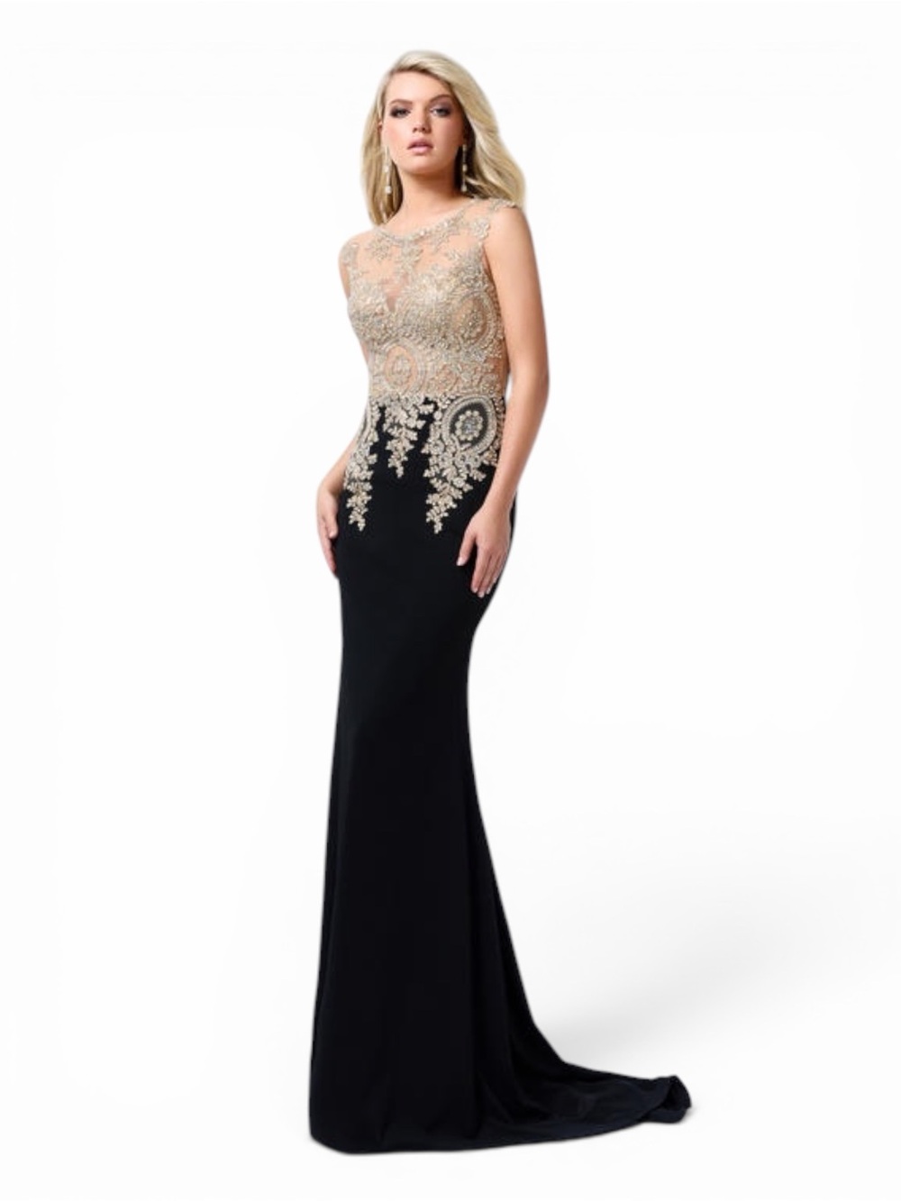 Abby Paris Gold Embroidered Bodice Black Evening Gown size 2
